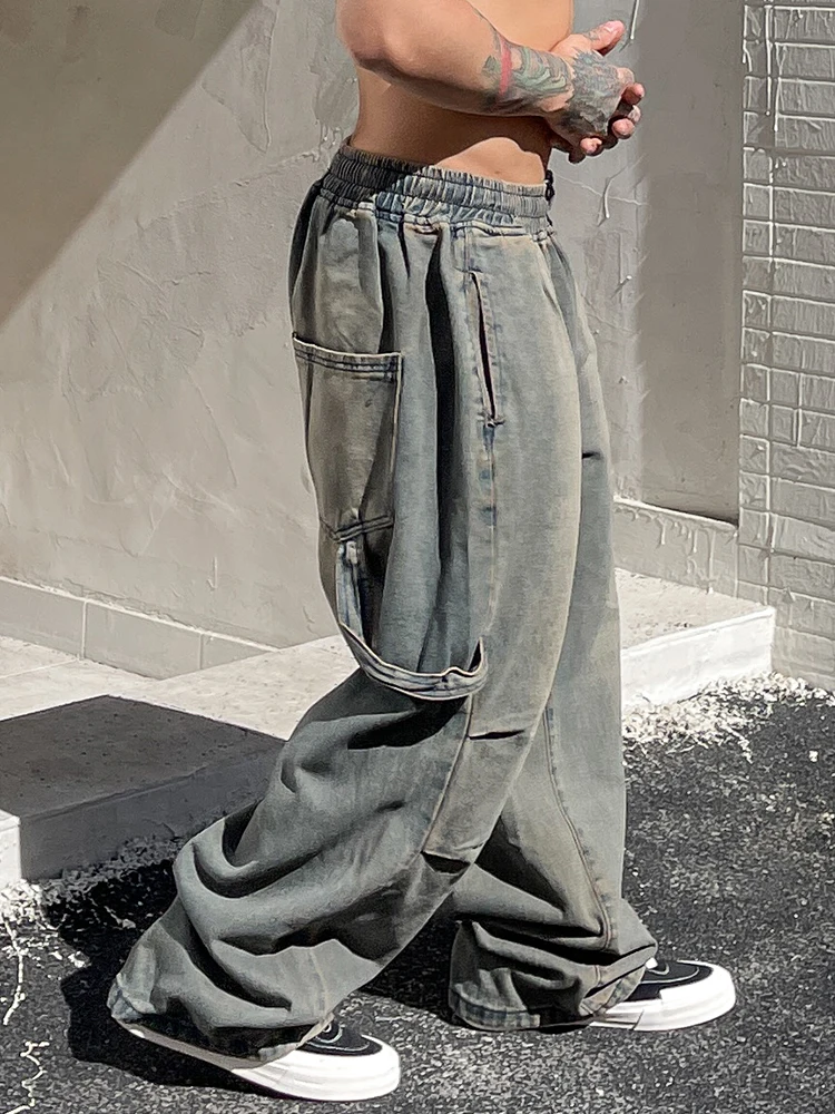 

Niche Designers Wear Retro Washed Loose Oversized Jeans Men's Straight Elastic Waist Distressed Couple Casual Pants Fashion