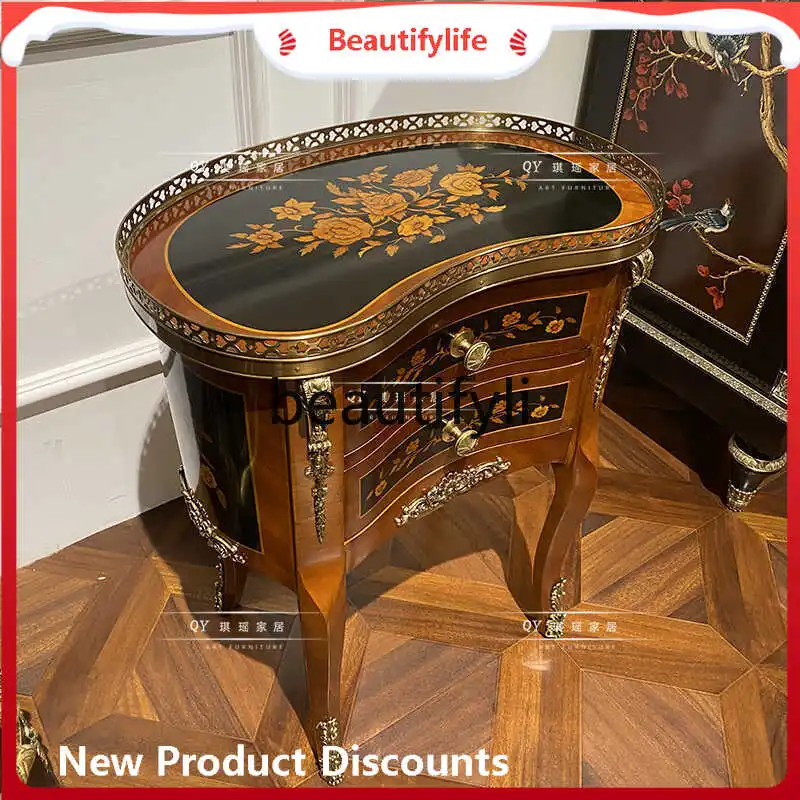 

CQY English Classical Wood Grain Inlay Small Side Table Pure Copper Carved Coffee Table Sofa Corner Table