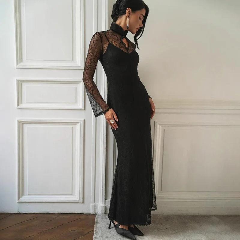 

Ticketsx Sexy Lace Hollow Out Dress Women See Through Patchwork Ruched High Waist Slim Long Dress Elegant Party Evening Dresses