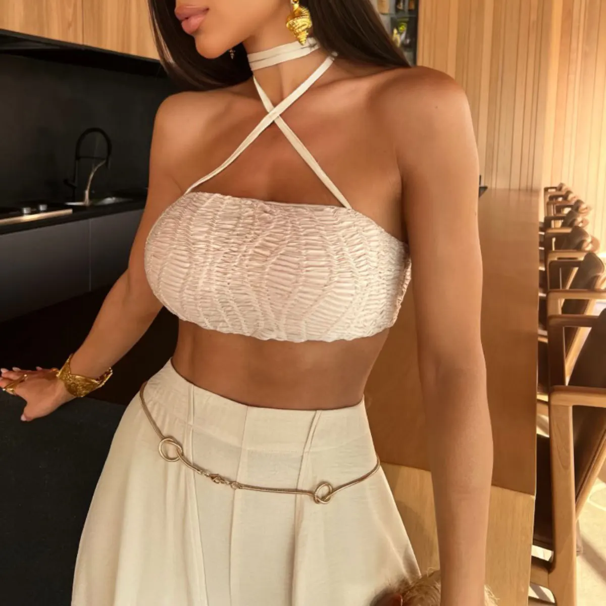 TYAKKVE 2024 New Sexy Tassel Two Piece Set With Pants Summer Women White Tube Top with Mesh Halter Pants Suit Female Bodysuit