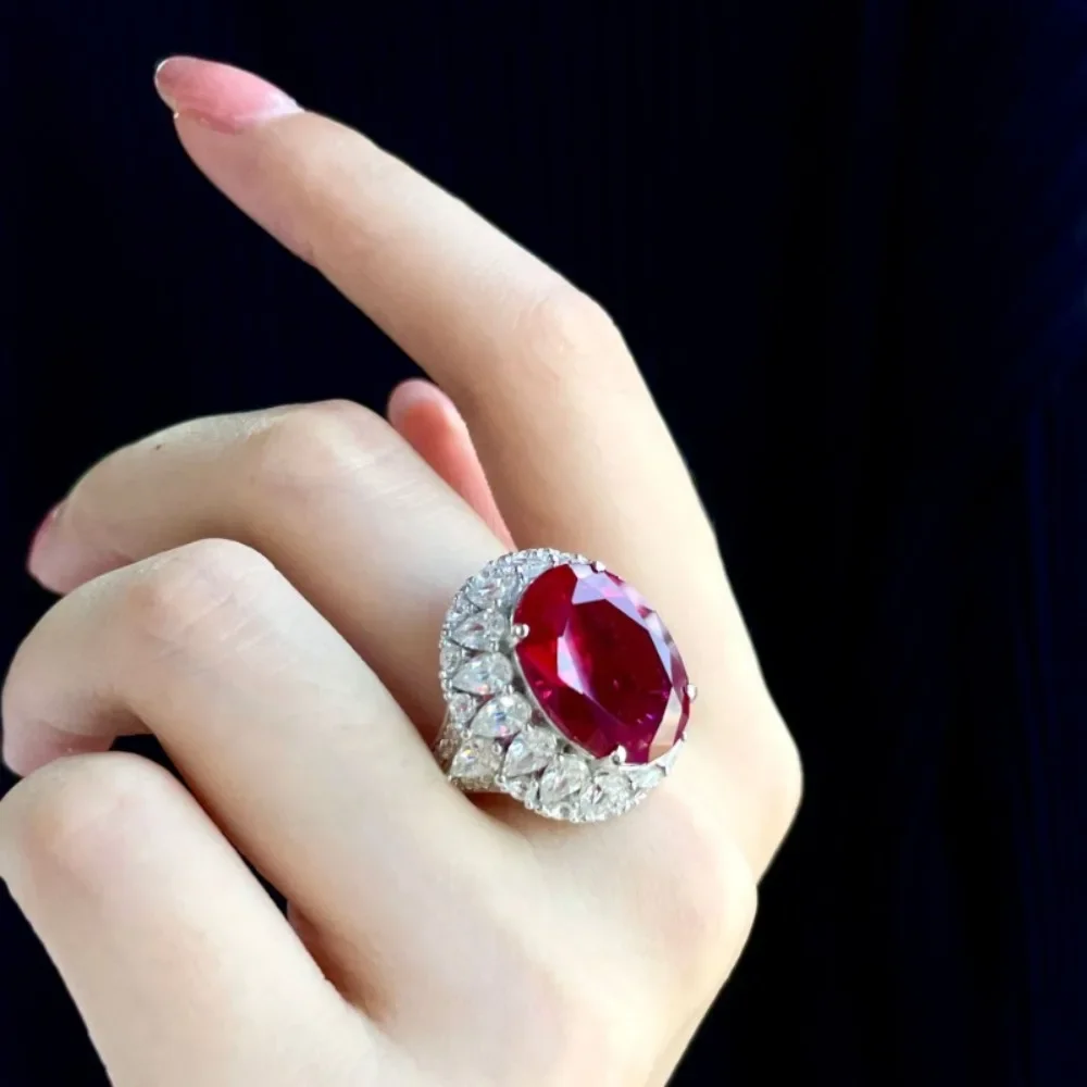 925 Sterling Silver Red Ruby Large Diamond Rings for Women Hollow Flower Oval Gemstone Finger Rings for Women Party Prom Wedidng