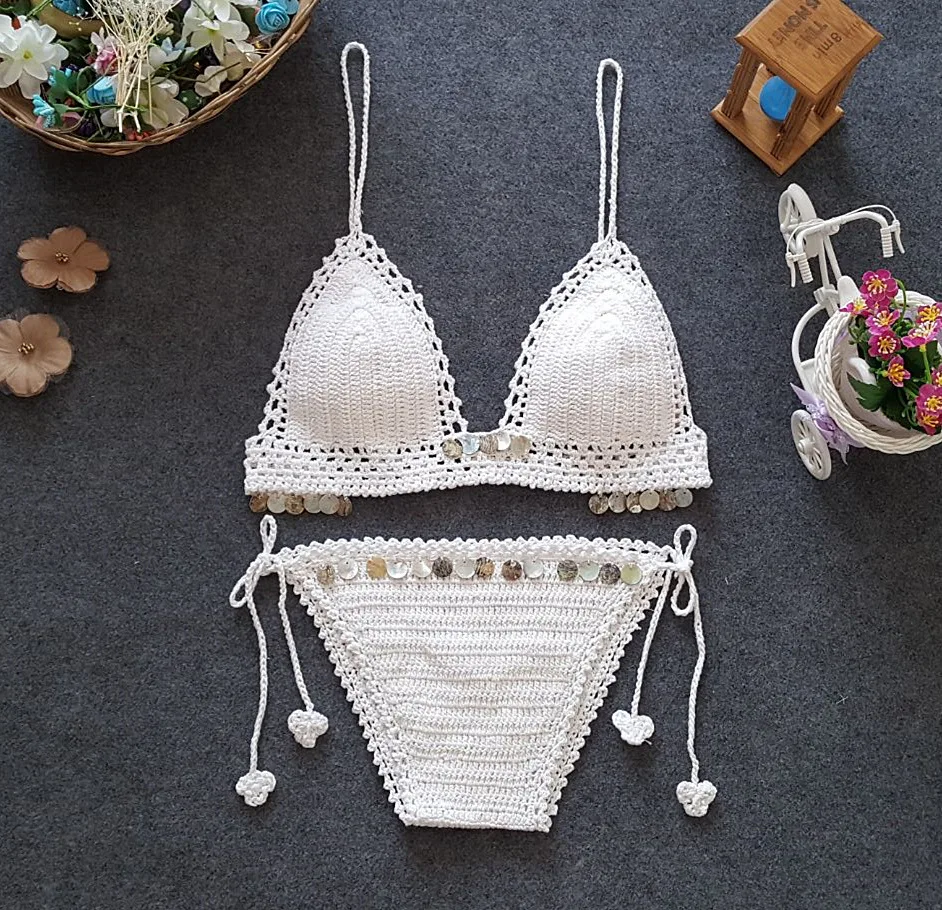 New Hand-crocheted Beach Leisure Resort Shell Plus Sequin Decoration Women's Separate Sexy Bikini Two-piece Swimsuit