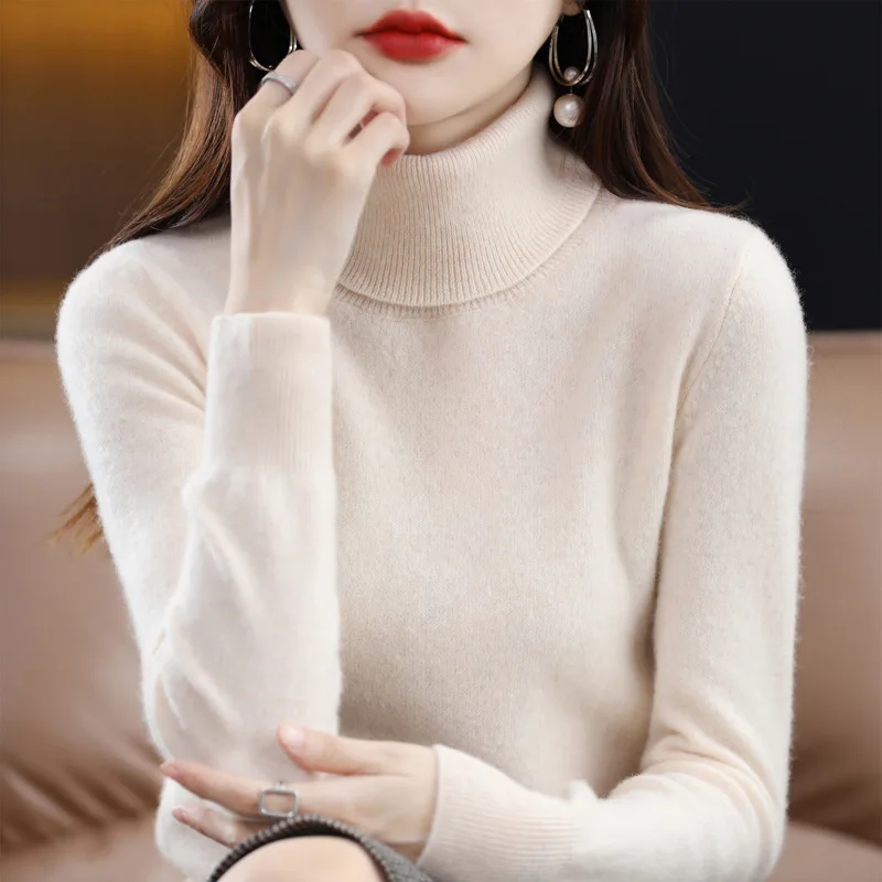 

Женский шерстяной свитер с высоким воротником, свободный вязаный пуловер, мягкий теплый многослойный топ на осень-зиму