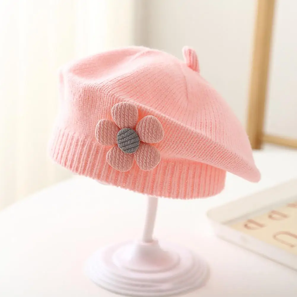 Children Cold Weather Hat Children's Knitted Winter Hat with Flower Decor Anti-slip Elastic Band Cute Painter Cap for Daily