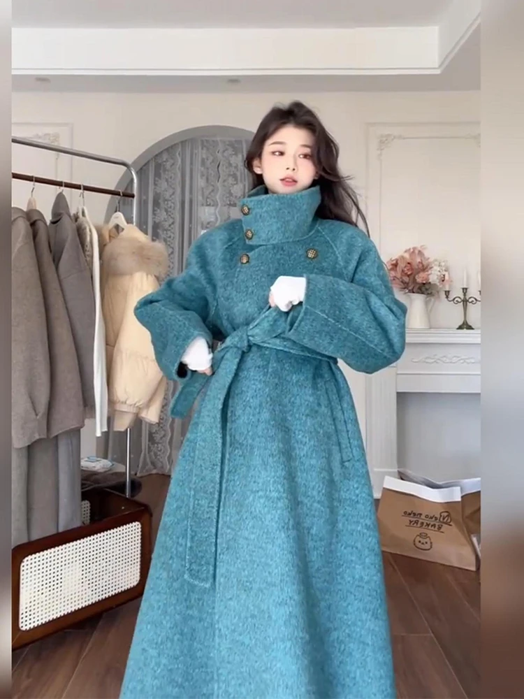 plus Size Vintage Lady High End Woolen Coat Women Winter Hepburn Sle mid Length Waist Cinched Tweed Coat Korean Sle Long ...