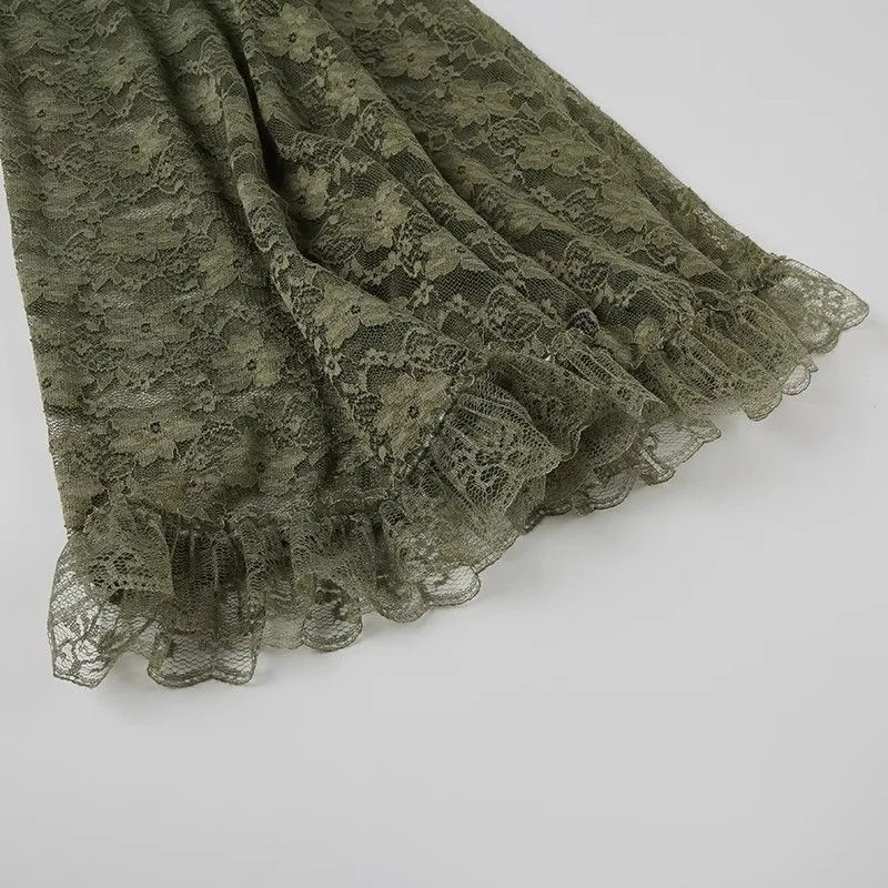 Modische Grüne Spitzen-Oberteile mit Bändern, Gothic Transparente Ausgestellte Ärmel, Crop-Mantel für Damen, Durchsichtige Patchwork-Club-Party-Glockenärmel-Blusen 2026 – Detail 11