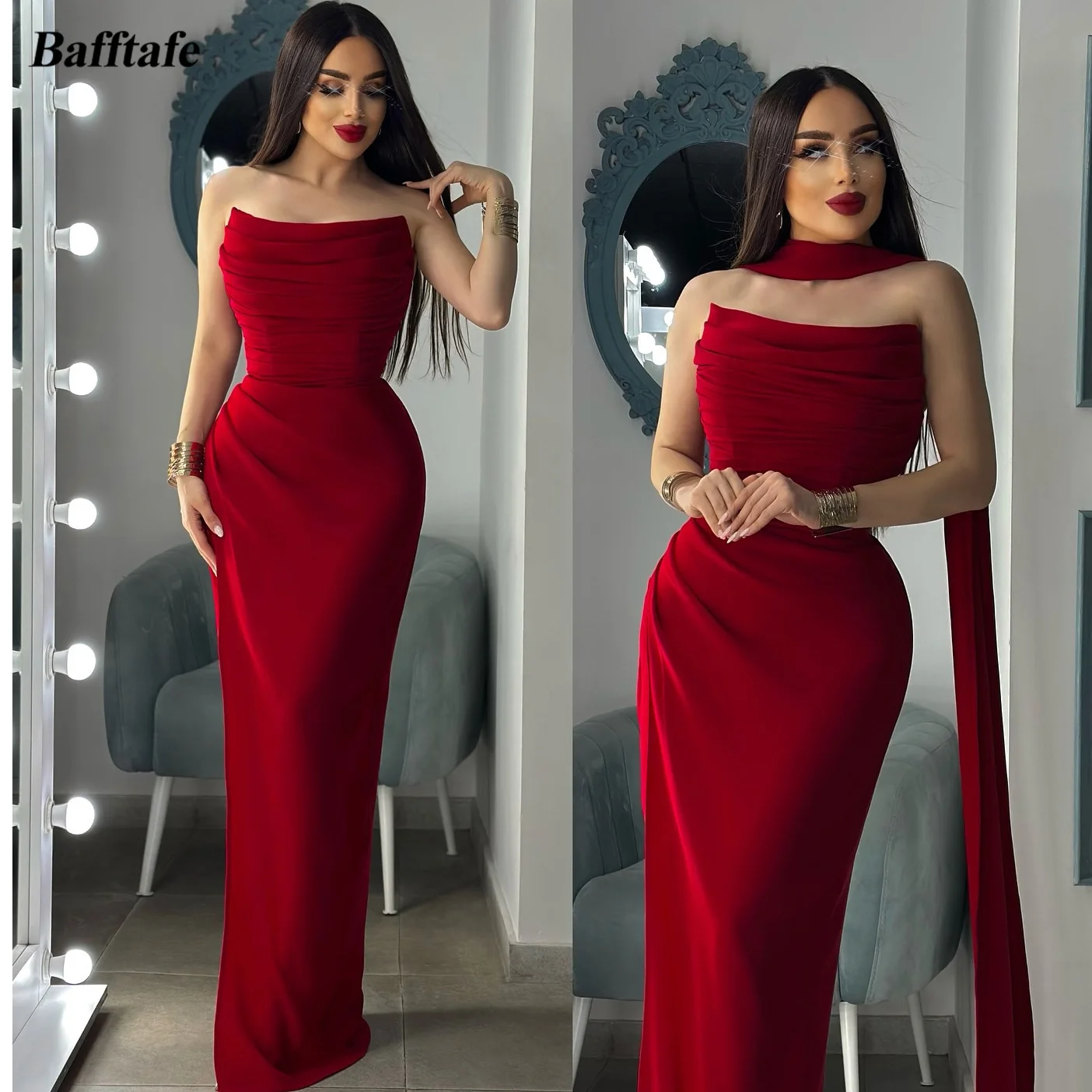 

Bafftafe Customized Women's Prom Dresses With Neck Wrap Strapless Pleat Mermaid Slit Evening Gowns Formal Party Birthday Dress