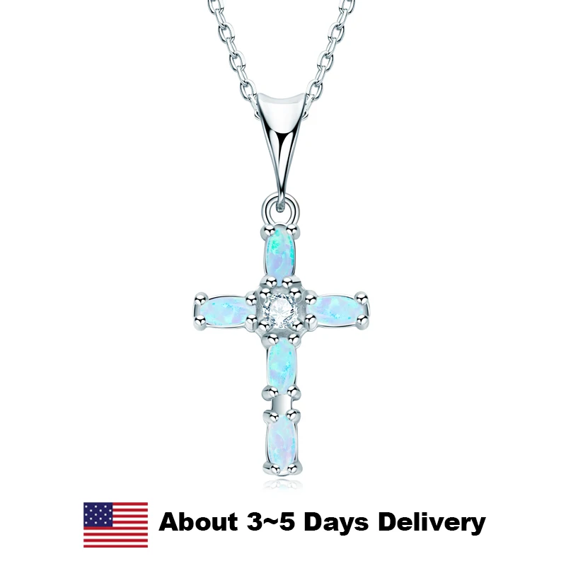 

Blue Synthetic Opal Cross Pendant Necklace 925 Sterling Silver Vintage Silver Color Wedding Necklace Jewelry Gift For Women