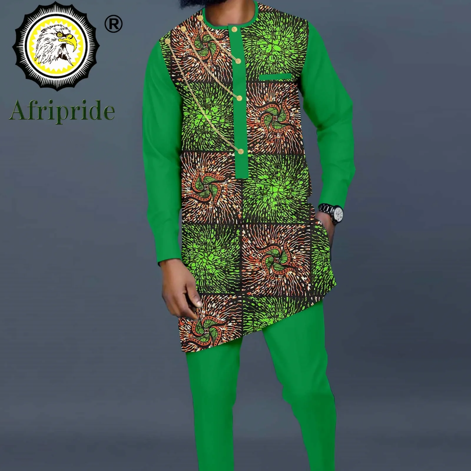 

Bazin Riche African Men Clothing Print Shirts with Three Chain and Pants 2 Piece Set Dashiki Outfits Plus Size Casual A2216020