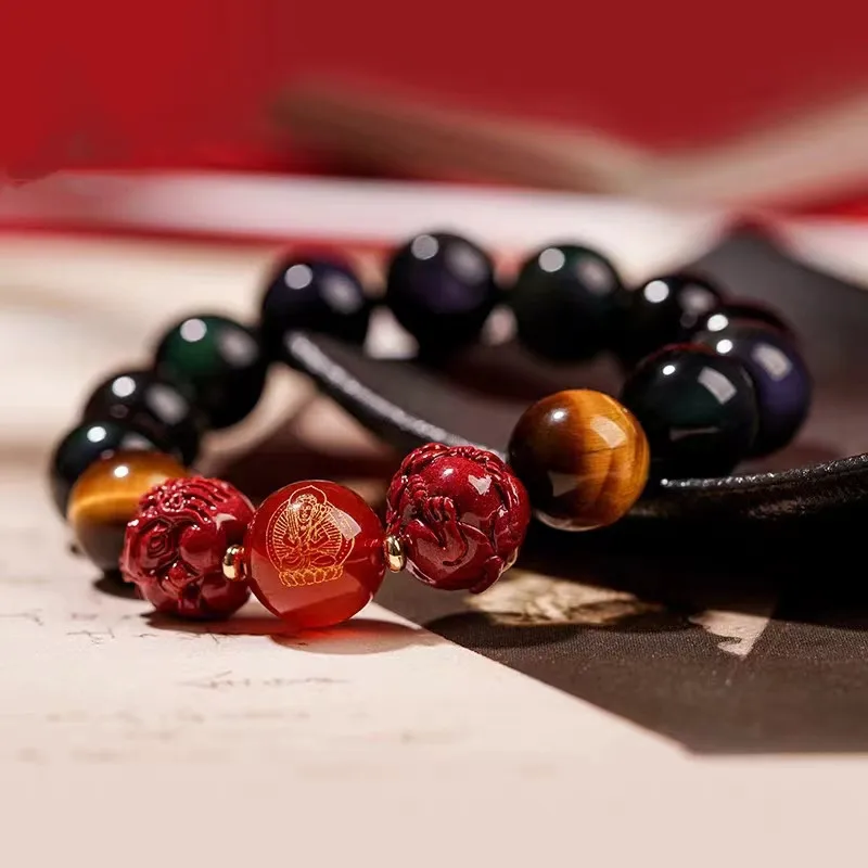 Obsidian Bracelet Men, Featuring Zodiac Signs Rabbit, Rat, Rooster,, Horse, With Tiger'S Eye And Bea