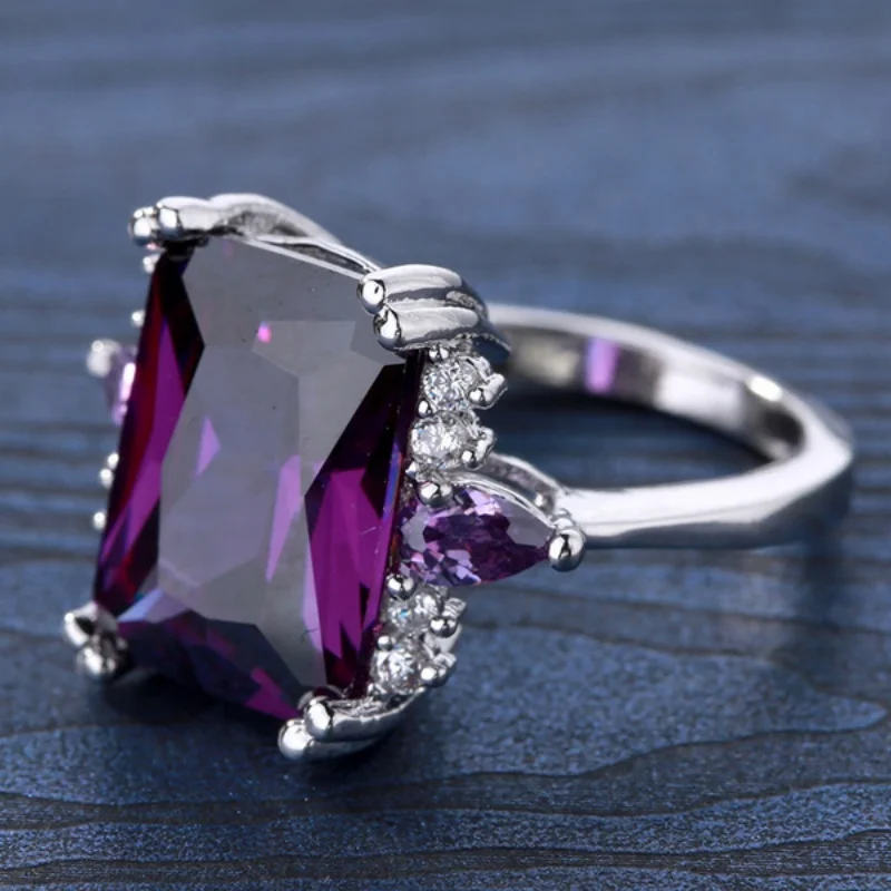 2023 Trendy  Color Amethyst Rings for Women Large Square Purple Crystal Cubic Zircon Rhinestone Ring Fashion Party Jewelry