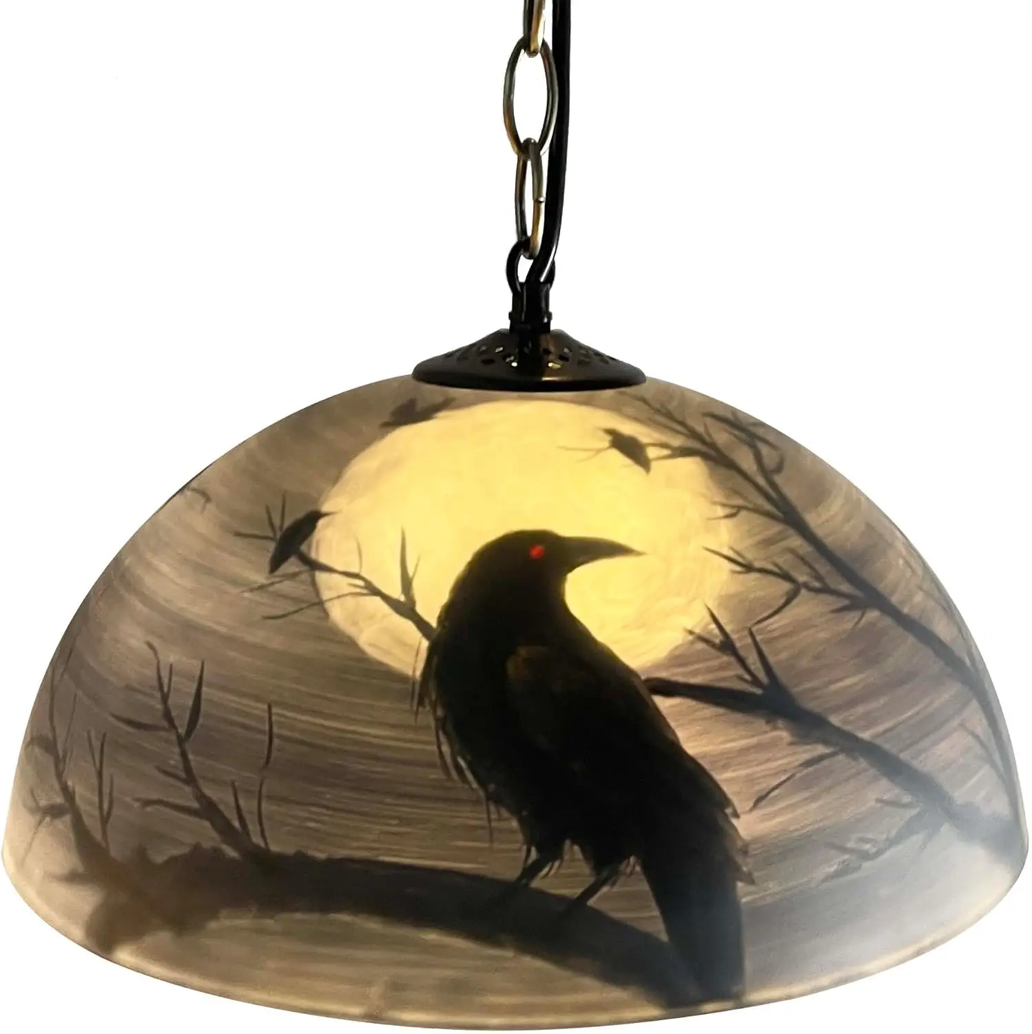 Hand Painted Glass Ceiling Pendant Light Raven Full Moon Night Scene Hanging Lamp Gothic Halloween Home Decor Dark Blue 14 Inch
