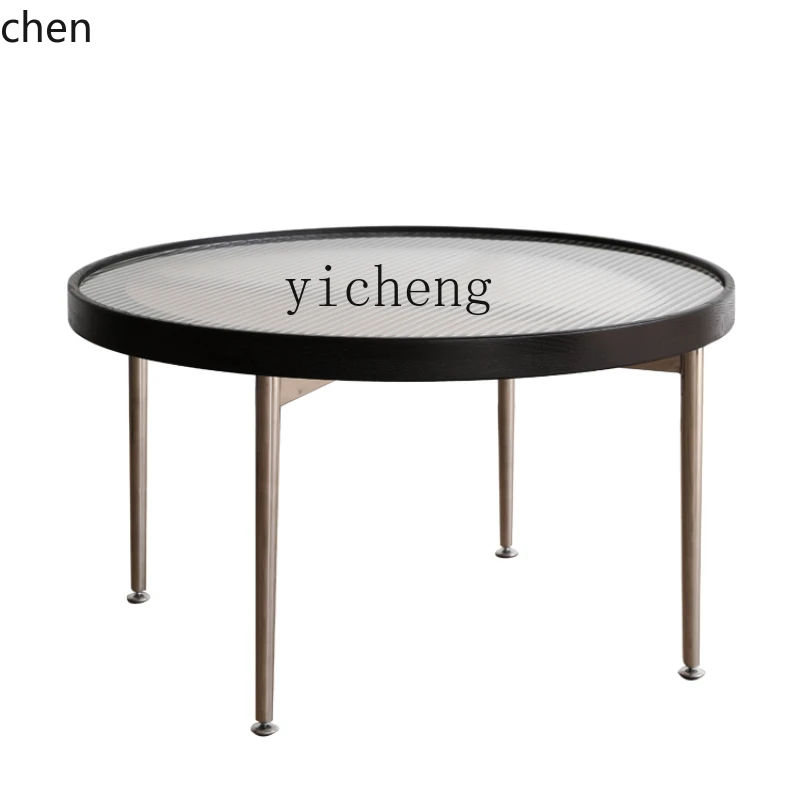 Black Coffee Table Nordic Simple Tempered Glass Solid Wood Light Luxury round Tea Table