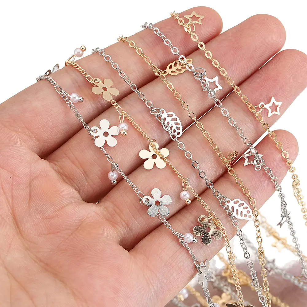 2Meters 1Meter Copper Crystal Beaded Flower Leaf Star Chain Charms Pendants Necklace Chains for Bracelet Jewelry Making DIY