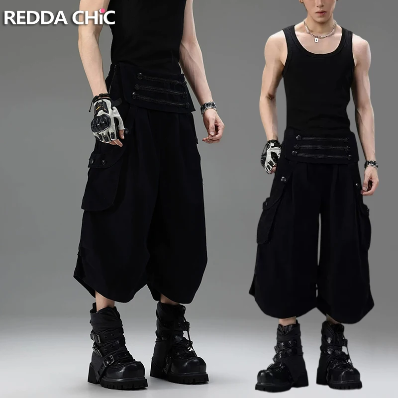 REDDACHiC Elastic Waist Bermuda Cargo Shorts Men Vintage Emo Pleated Wide Leg Button Decor Carpi Jeans Punk Alternative Clothes