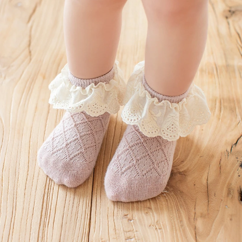 Girls Ruffled Socks Frilly Cotton Ankle Socks with Lacework Decoration for Toddlers 0-2 Years White Pink Gray Brown