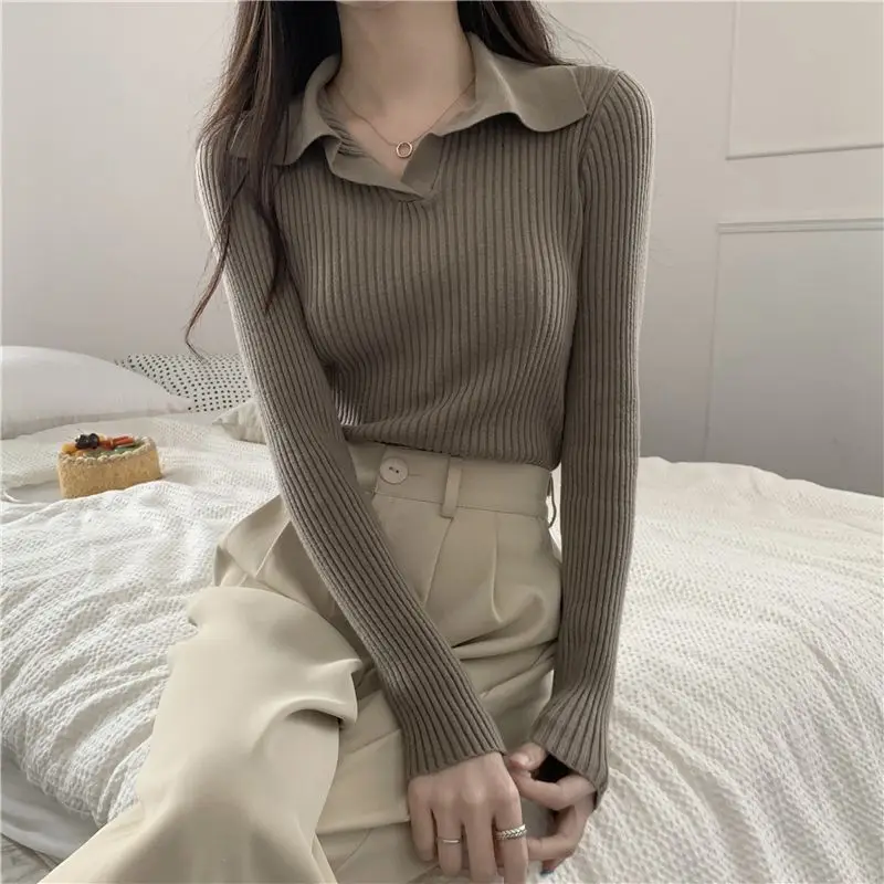 Autumn Winter Women Lapel Pullover Sweaters Basic Long Sleeve Knitted Sweater for Woman Solid Color Jersey Tops Clothes Mujer