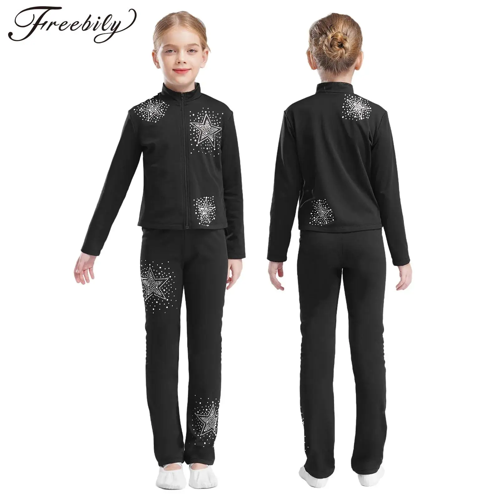 Kids Girls Figure Ice Skating Training Costume Gymnastics Dance Outfit Long Sleeve Fleece-Lined Rhinestone Jacket with Leggings