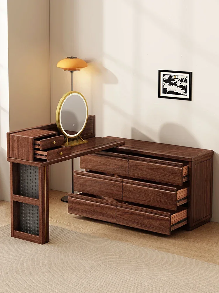 HYS  Storage Integrated Dressing Table Bedroom Black Walnut Solid Wood Drawer Cabinet