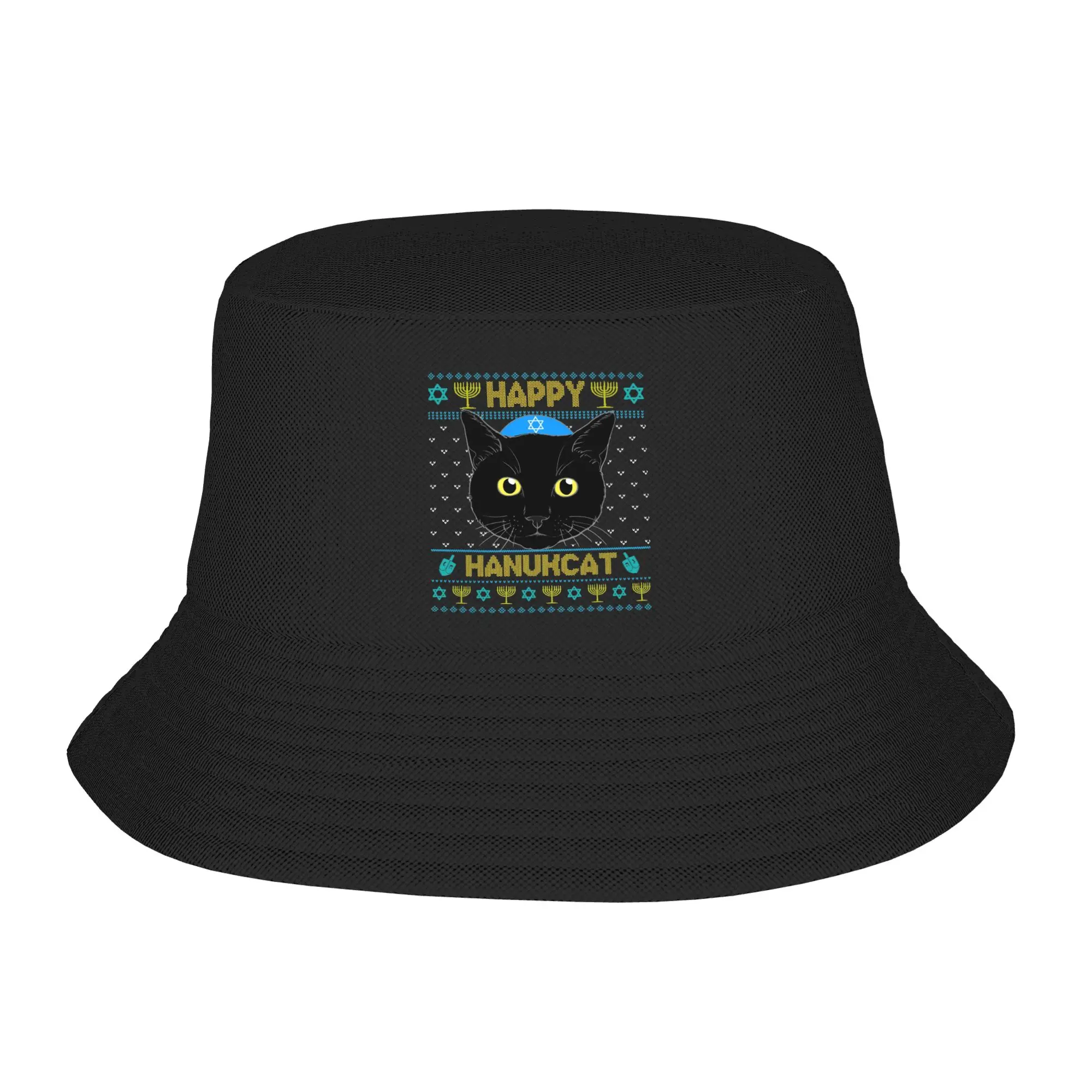 Street Happy Hanukkah Cat Chanukah Jewish Bucket Hats Men Women Lightweight  Fishing Hats Travel Headwear Bob