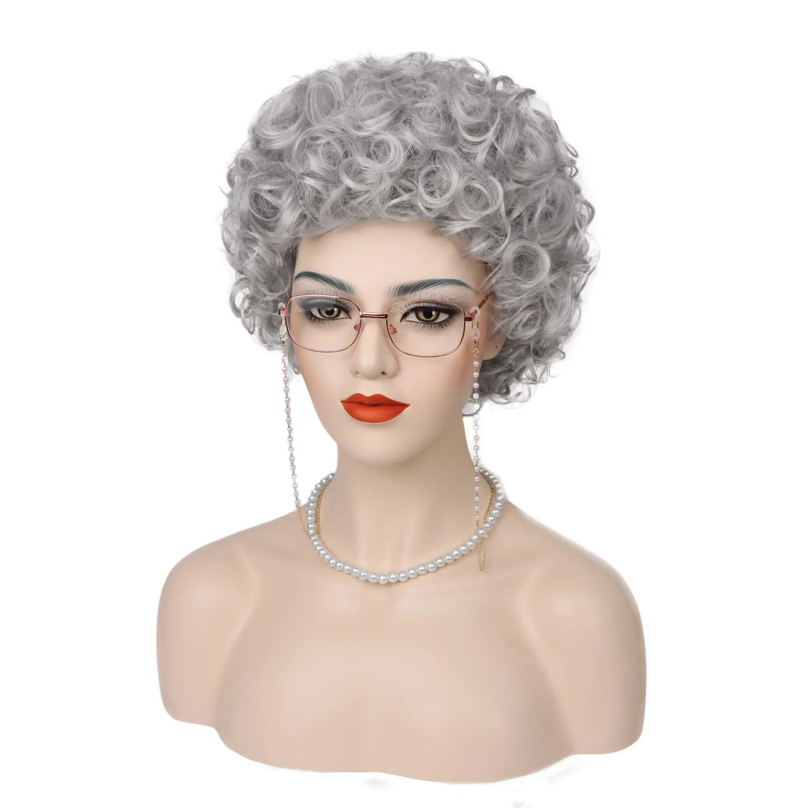 Old Lady Wigs for Women SyntheticCosplay Gray Wig 100 Days of School Costume with Glasses Eyeglass Retainer Chain Pearl Necklace