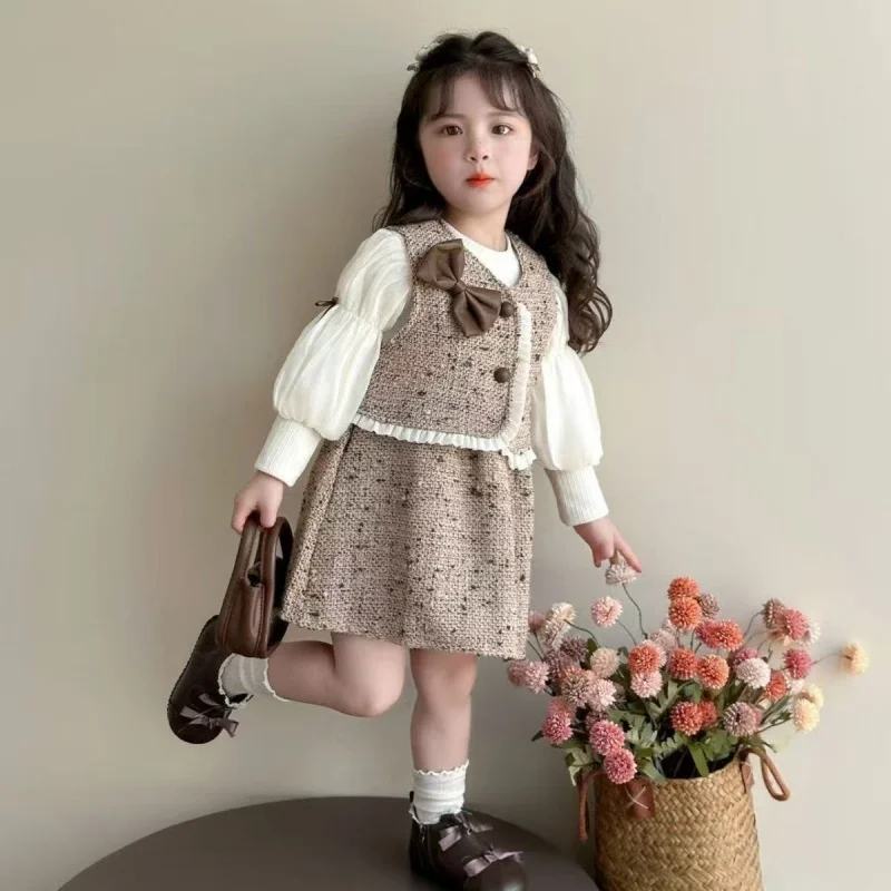 

Girls Suit 2026 Spring Autumn New Children's Clothing Korean Style Girl Baby Vest Puff Sleeve Dress Two Sets 2-7Y