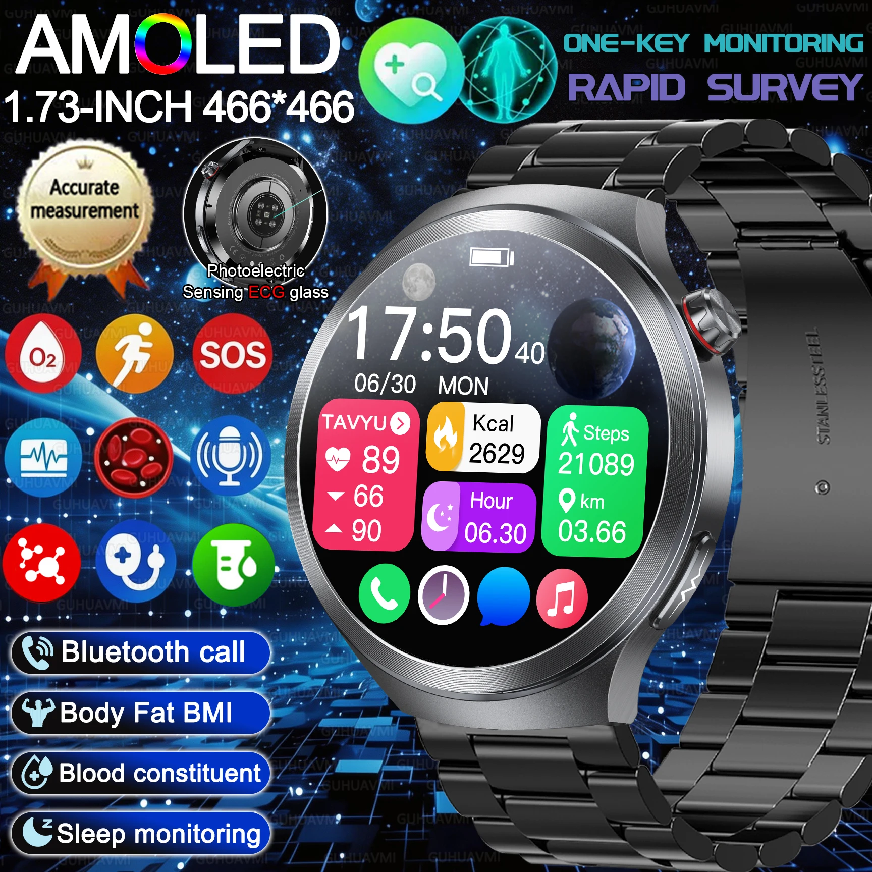 

New Smart Watch 1.73" AMOLED Screen ECG Health Monitor Accurate Blood Pressure Oxygen Sleep Tracker BT Call Watch for Men Women