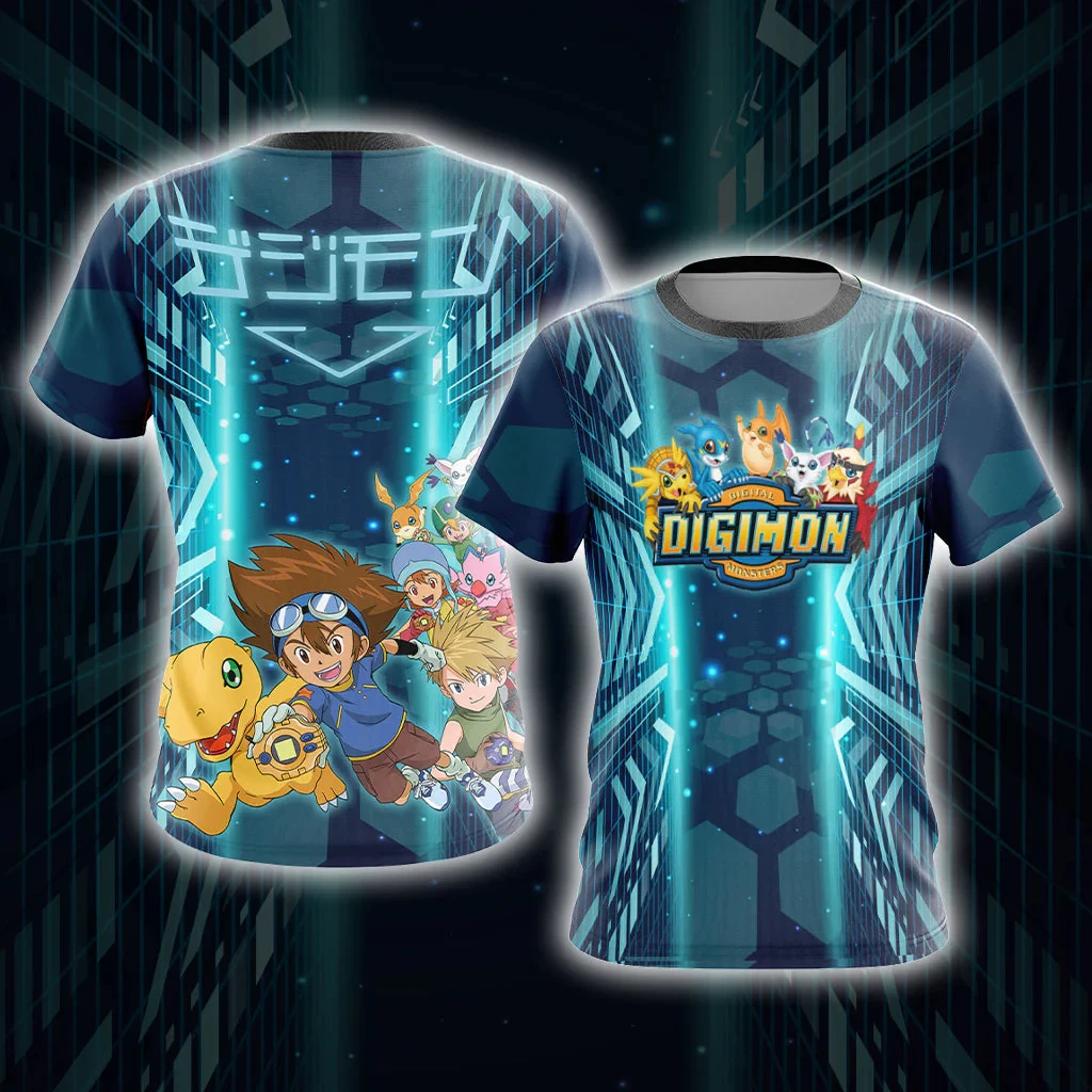 2026 Summer Digimon Adventure Retro Cosplay T-shirt Men's Oversized 3D Printed Short-sleeved Family Unisex Children's Sports