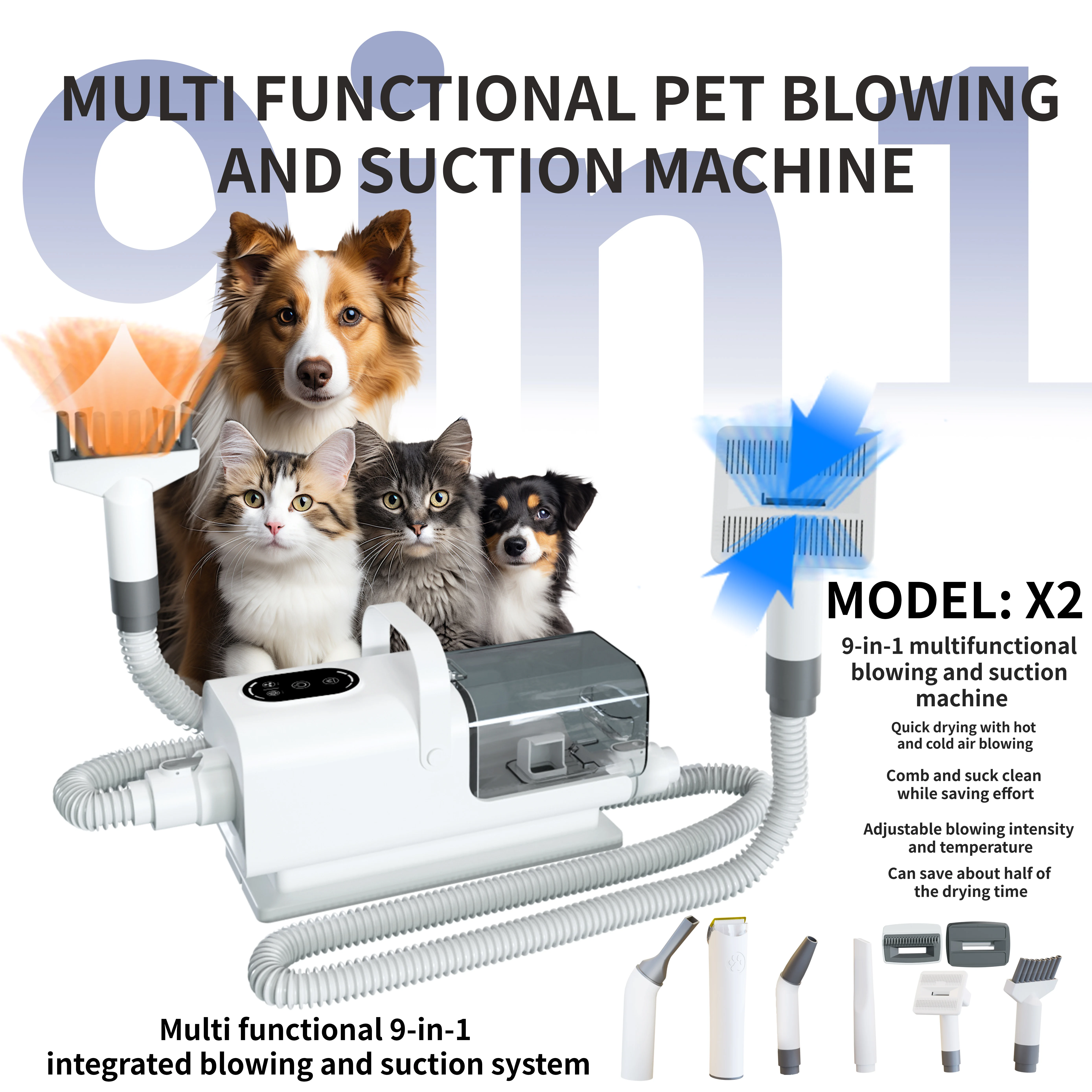 13kpa Suction 9-in-1 Pet Grooming Vacuum Kit Smart Thermostat LED Touch Panel 2.2L Quiet Dog Cat Hair Dryer Groomer Clipper