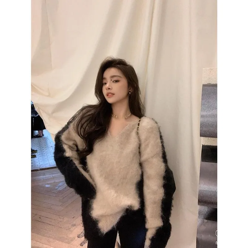 

2022 New Arrival Autumn Korean Style Women Loose Casual V-neck Long Sleeve Pullover Patchwork Print Knitted Fashion Sweater P958