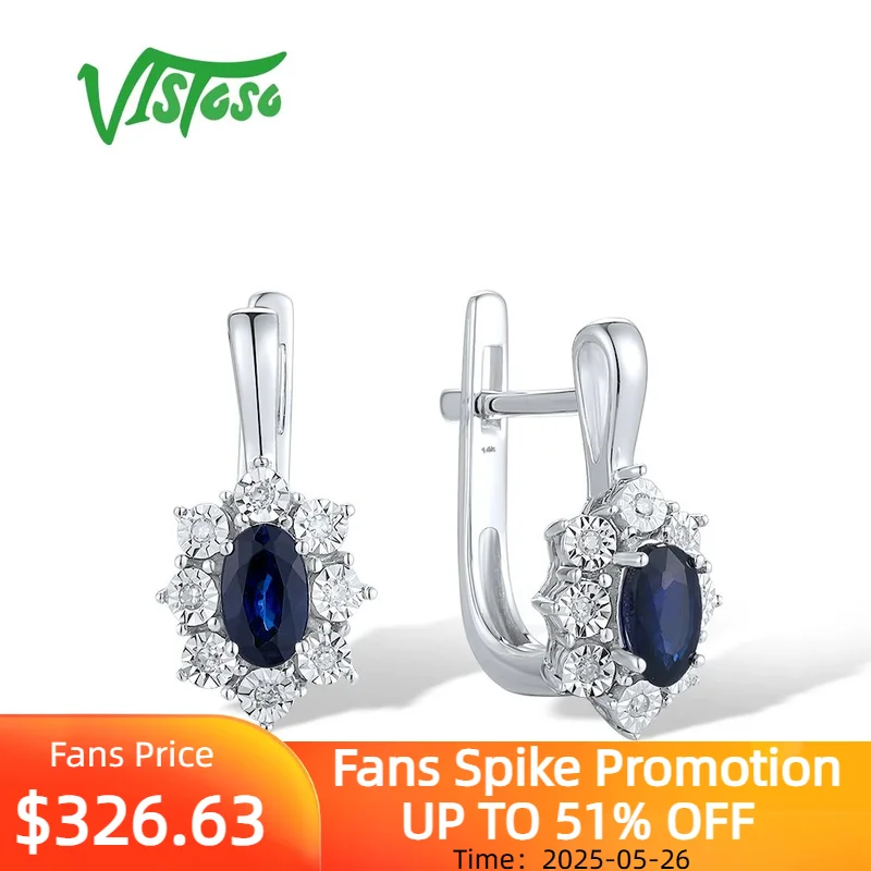 

VISTOSO Genuine 14K 585 White Gold Clip Earrings For Women Sparkling Diamonds Blue Sapphire Fantastic Wedding Fine Jewelry