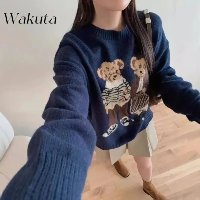 WAKUTA Japanese retro cartoon bear jacquard round neck knit sweater female fall new loose thin ageing soft sweater tops