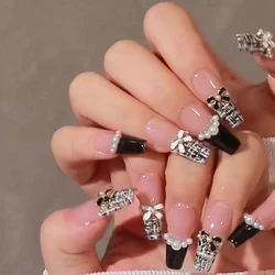 Autumn French False Nails with Butterfly Pearl Decor Bride Fake Nail Wearable Press on Nails Coffin Ballet Nail Tips for Girls