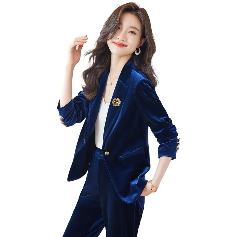 Women\'s Spring Oversize French Style Velvet Suit Wide Leg Pants Set Vintage Casual Solid Color Loose Blazer Pants Two Piece Sets