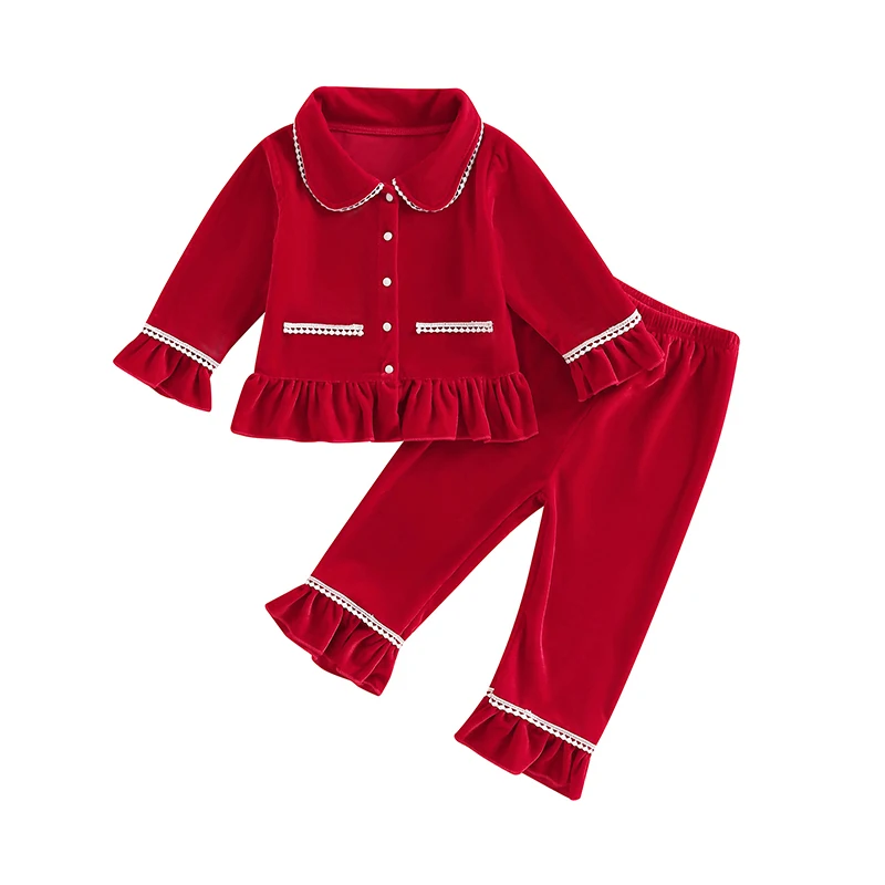 Toddler 2-Piece Velvet Pajama Set Cozy Long Sleeve Lace Patchwork Button Down Top and Pants Sleepwear Set for Baby