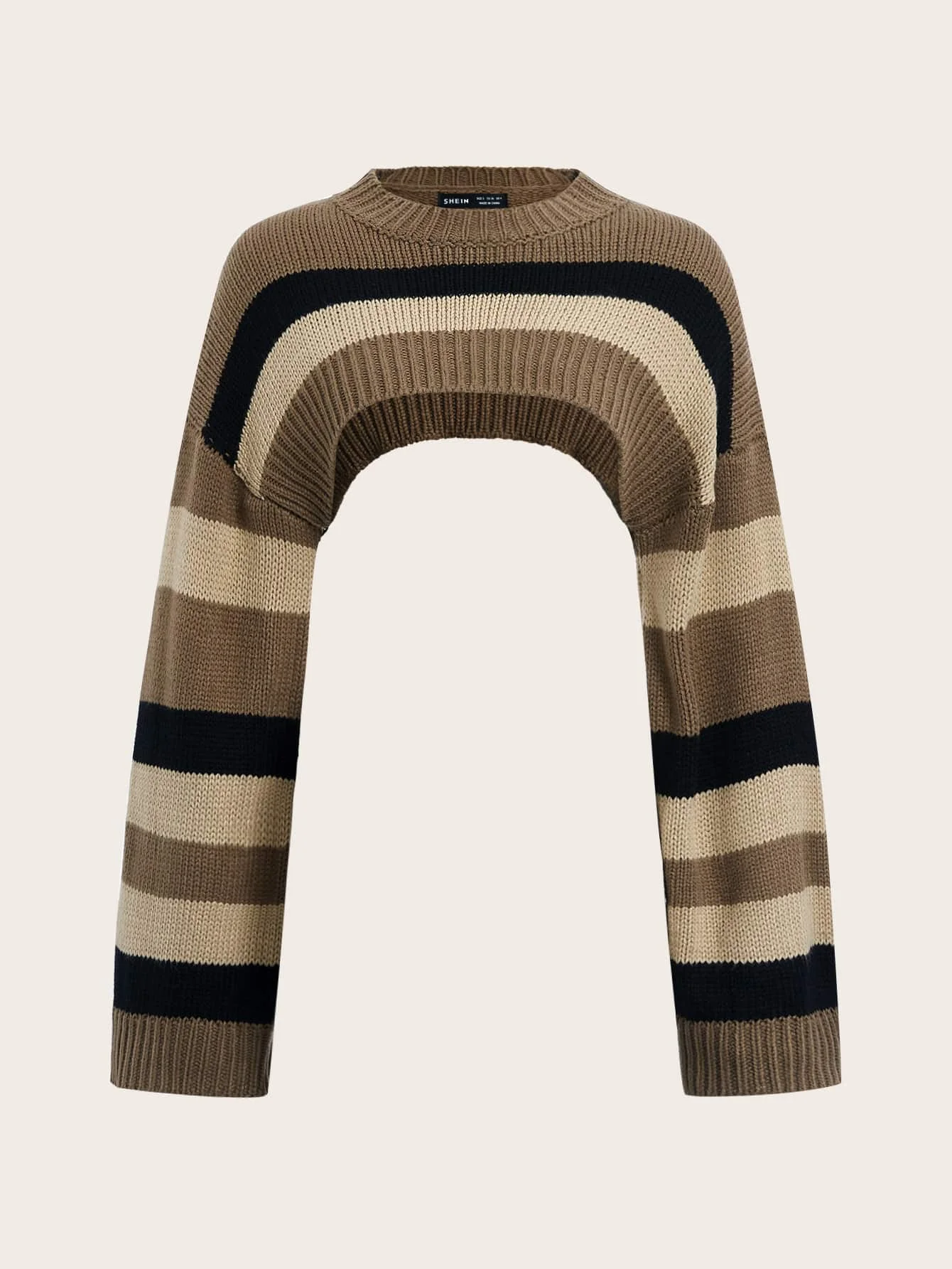 

Striped Drop Shoulder Cropped Knit Sweater with Long Sleeves