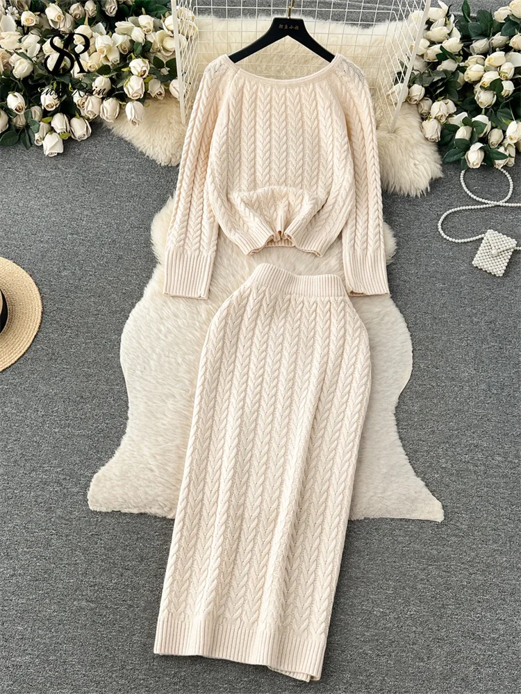 Autumn Knitted Sets Twist Drill Shape Full Sleeve Pullover+Elastic Waist Slim Bodycon Skirt Women Sweater Warm Suits Z531