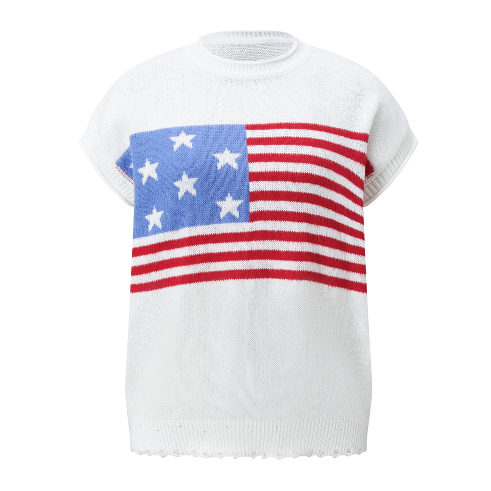 

Women s Knitted Vest Casual Loose Fit Cozy Stylish American Flag Pattern Crew Neck Short Sleeve Sweater Pullover