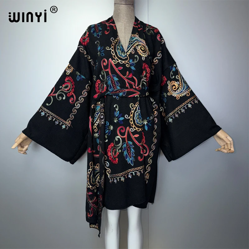 

WINYI winter embroidery cardigan Africa muslim women clothes coats abaya poncho for women cape dress with belt holiday kaftan