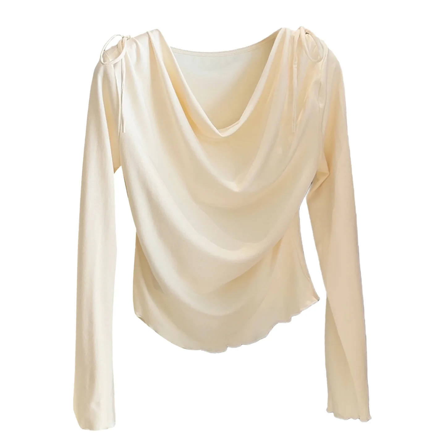 Einfarbiges Langarm-T-Shirt mit Rüschenkragen für Damen Pendler-Stil Kurzes Layer-Base-Shirt Top Elegante Schlankmachende Damenkleidung