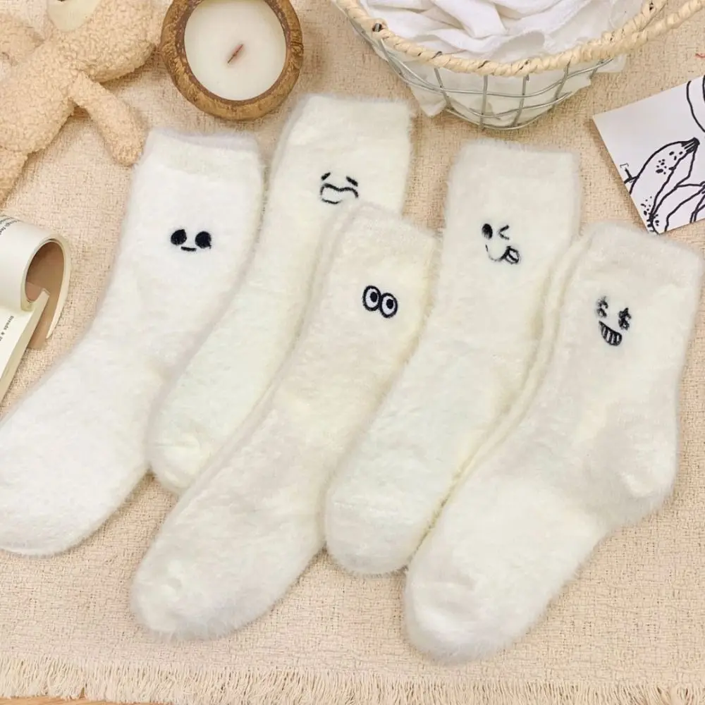 

5Pairs Ins Embroidered Mink Fur Socks Cartoon Sweet Plush Socks Funny Soft Thicken Warm Socks Girls