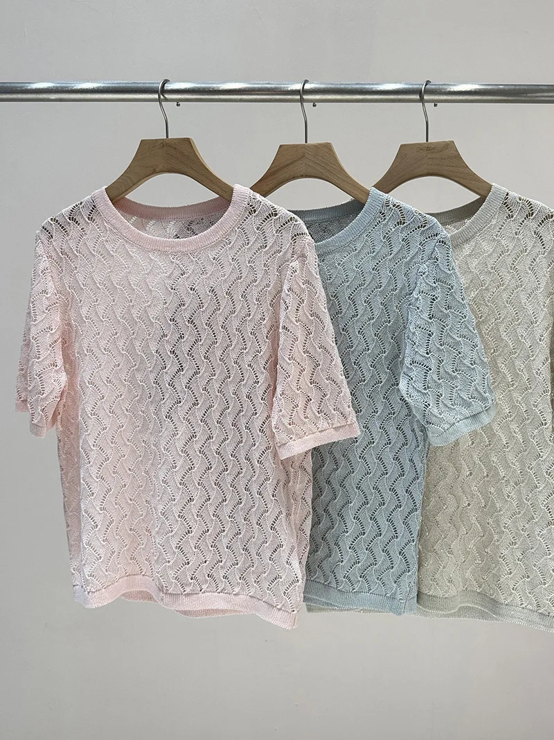 Crocheted Openwork Knit Top, Short-Sleeved, Breathable, Retro Style, Versatile, Casual Women'S Clothing, Summer.