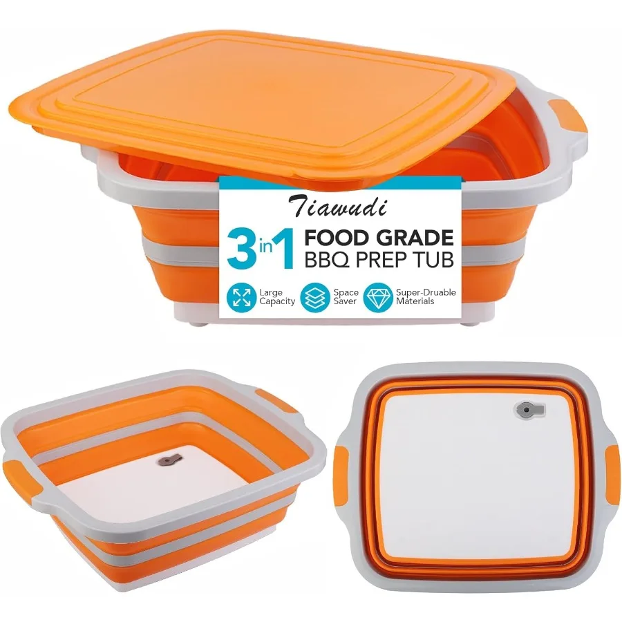 

Large Collapsible BBQ Prep Tub with Lid 4.22 Gal 16L Foldable Camping Sink with Colander Cutting Board Dish Basin for Kitchen B