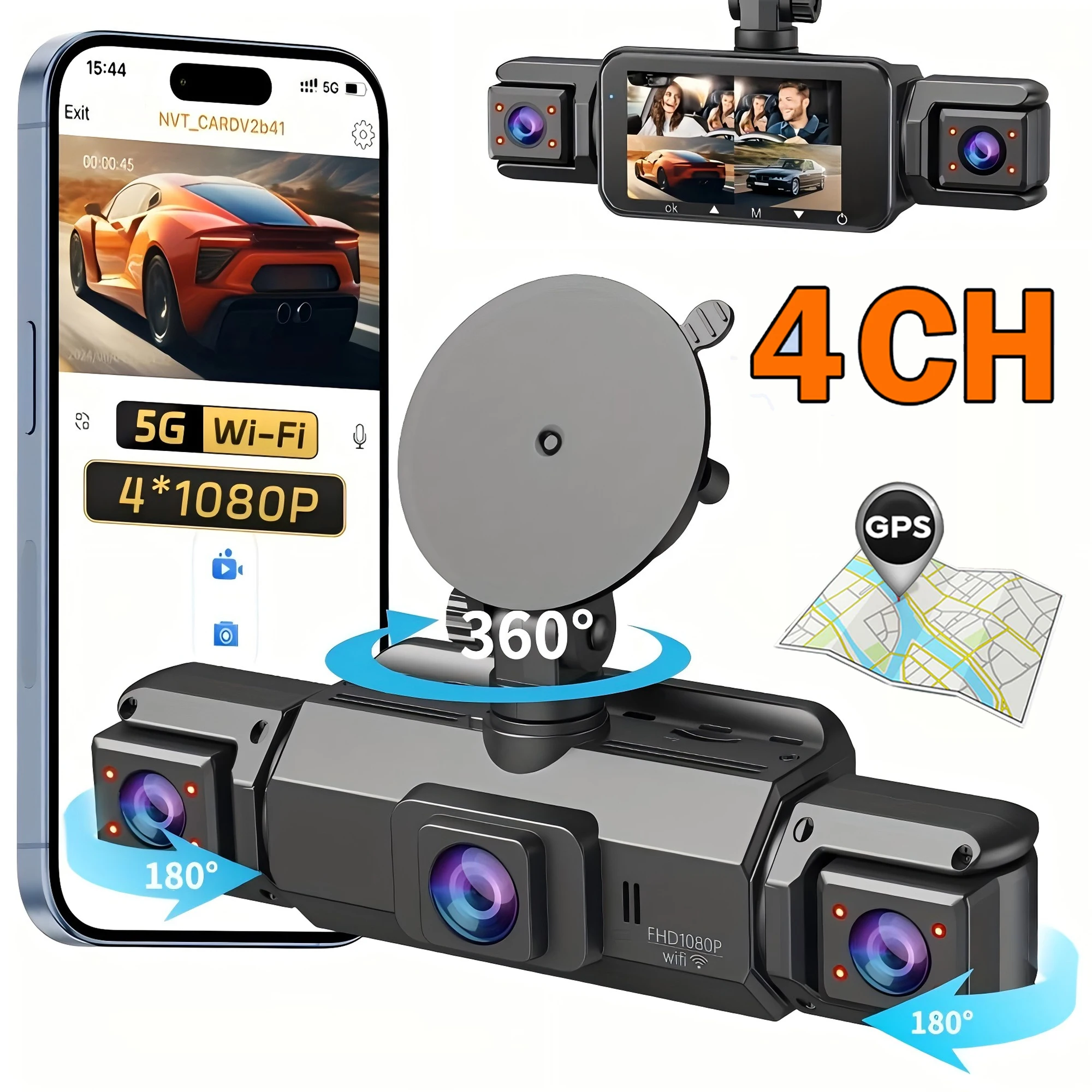 Car Dash Cam 4 Channel with GPS Night Vision WiFi for Car DVR 360° Front Left Right Rear Loop Recording 24H Parking Monitor