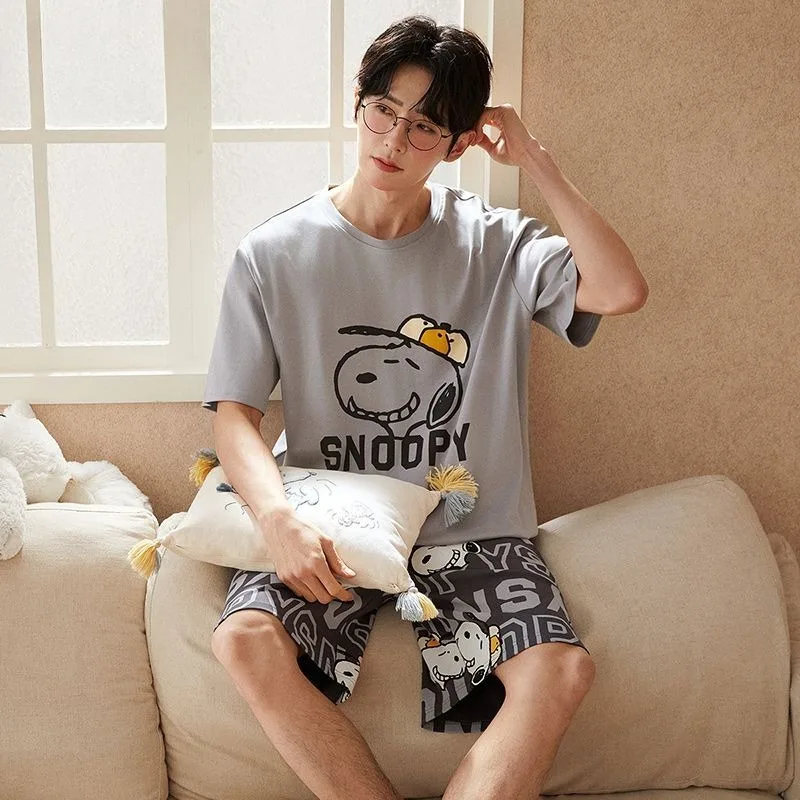 سنوبي الكرتون أنيمي منامة الرجال في الصيف ارتداء قصيرة الأكمام السراويل دعوى القطن الخالص الرجال ملابس المنزل هدية عيد ميلاد بالجملة