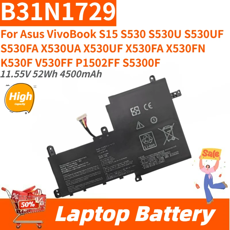 

High Capacity B31N1729 Laptop Battery 11.55V 52Wh 4500mAh for Asus VivoBook S15 X530UA X530UF X530FA S530 S530U S530UF S530FA