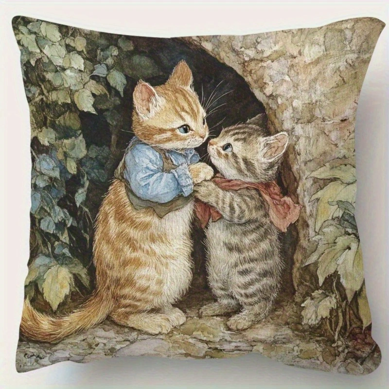 1pc Vintage Romantic Kitten Couple Throw Pillow Cover Rustic Forest Animal Square Cushion Case for Home Sofa Bedroom Decor