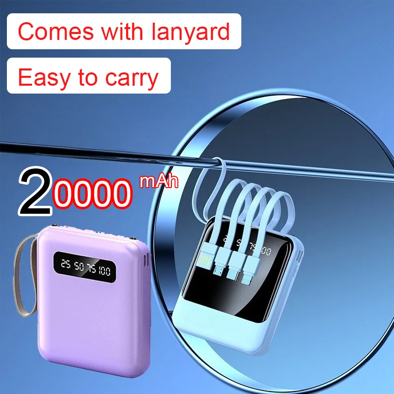 

New Fast Charge Power Bank with Built in 4 Cable 20000mAh Digital Display External Battery for IPhone 15 Samsung Huawei Xiaomi