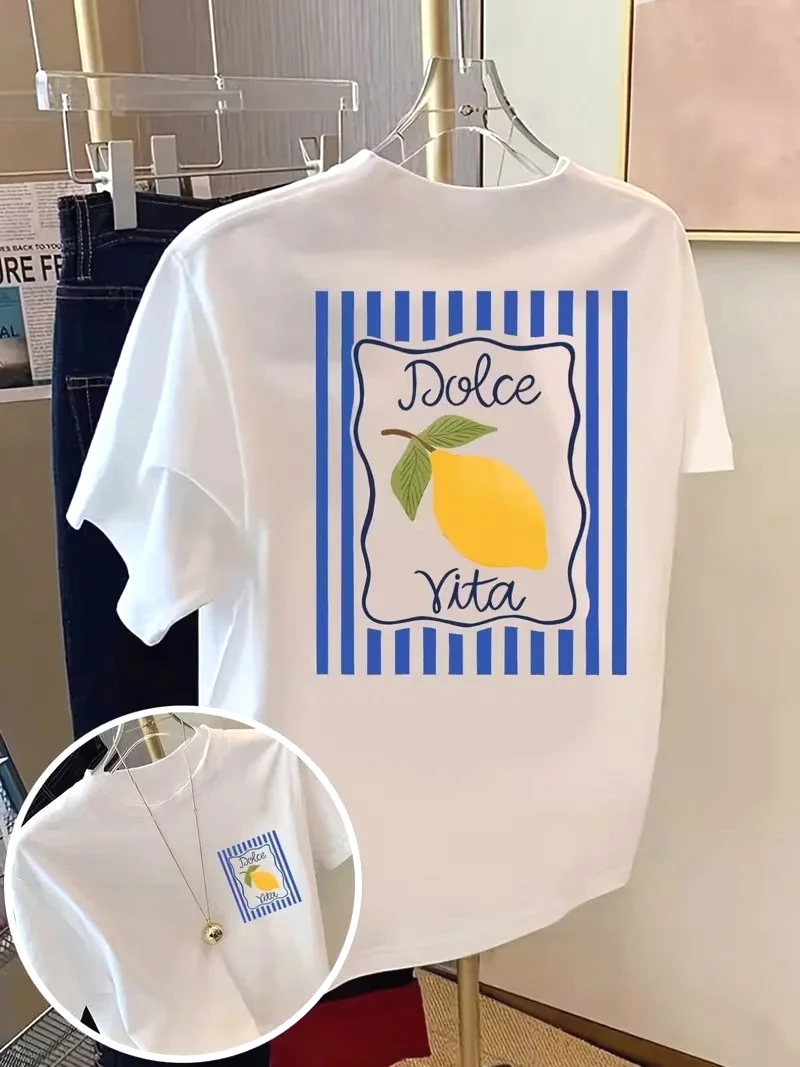 Dolce Vita Zitronen-Grafik-T-Shirt für Damen, Vorder- und Rückseite mit italienischem Sommer-Print, O-Ausschnitt, kurze Ärmel, alltagstauglich, günstige Kleidung – Detail 3