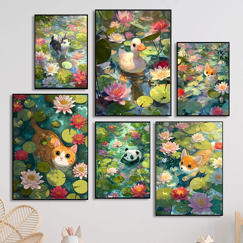 Cute Animals in Lily Pond Poster Otter Axolotl Cat Cub Prints Canvas Painting Wall Art Pictures for Living Room Home Decor